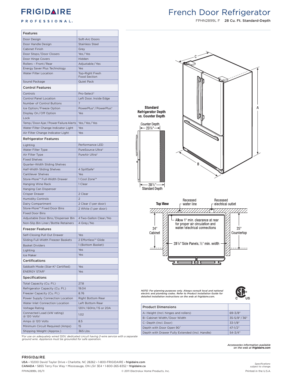 French door refrigerator | FRIGIDAIRE FPHN2899LF User Manual | Page 2 / 3