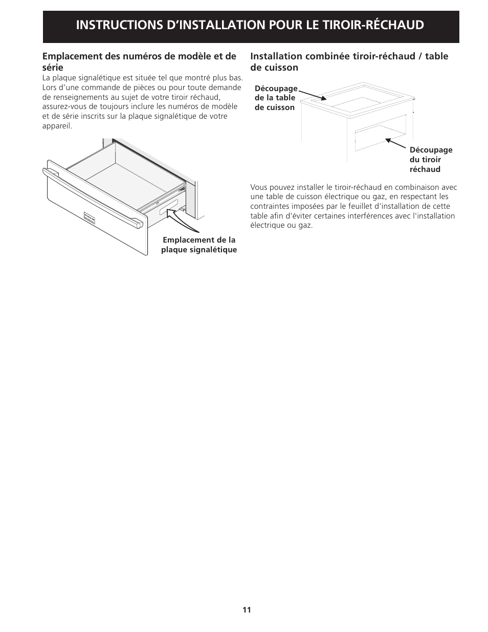 Instructions d’installation pour le tiroir-réchaud | FRIGIDAIRE 318201822 User Manual | Page 11 / 12