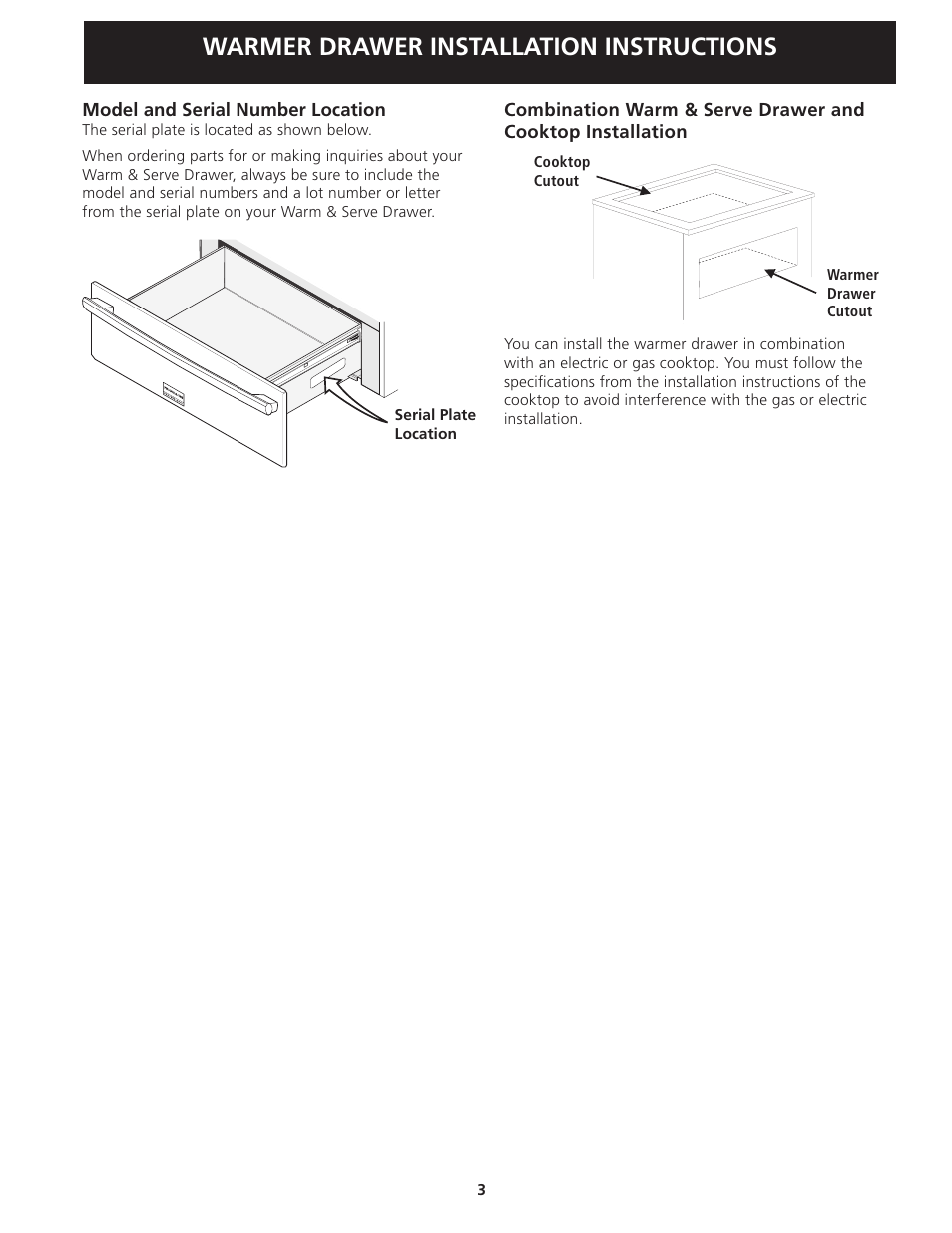 Warmer drawer installation instructions | FRIGIDAIRE 318201822 User Manual | Page 3 / 12