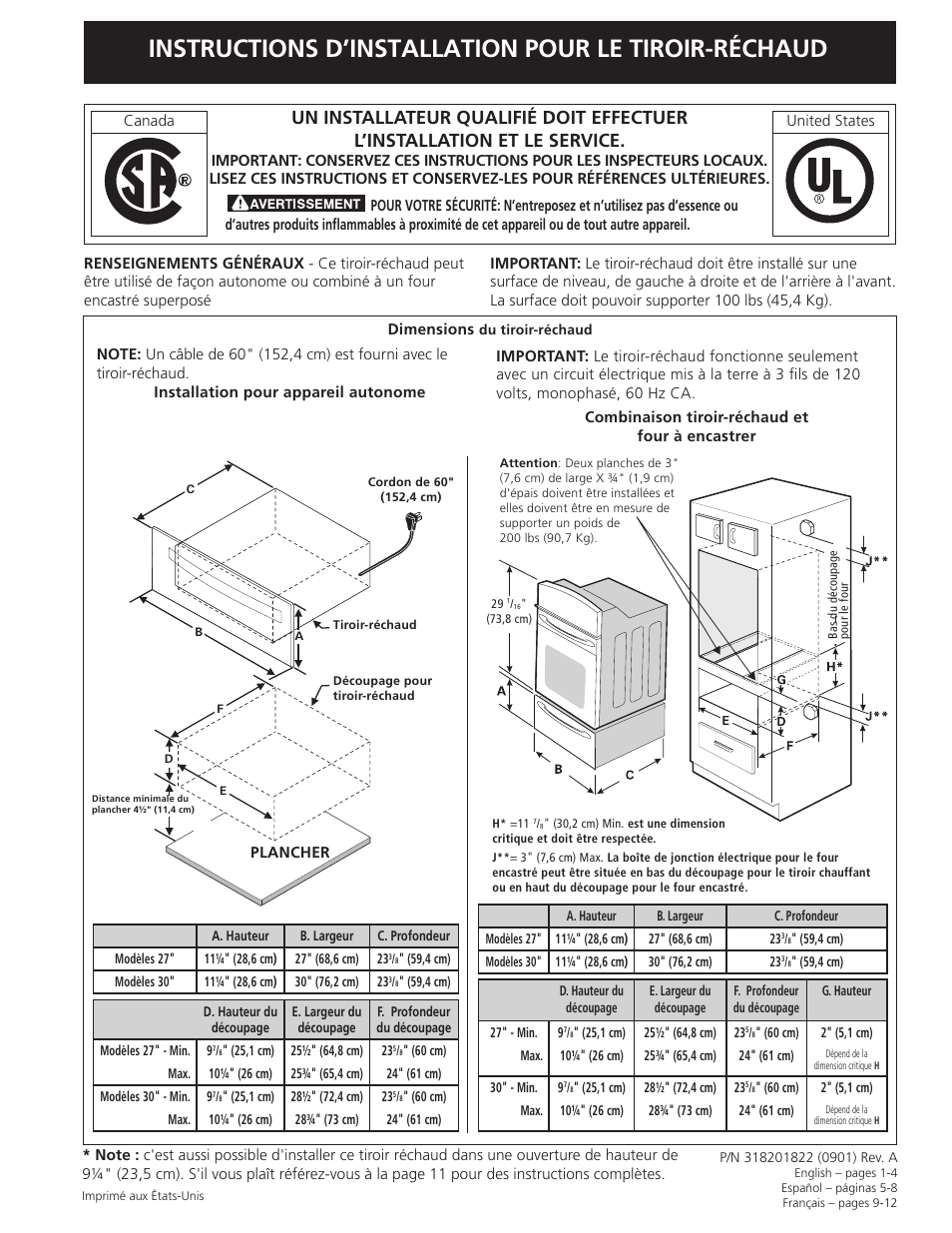 Instructions d’installation pour le tiroir-réchaud | FRIGIDAIRE 318201822 User Manual | Page 9 / 12