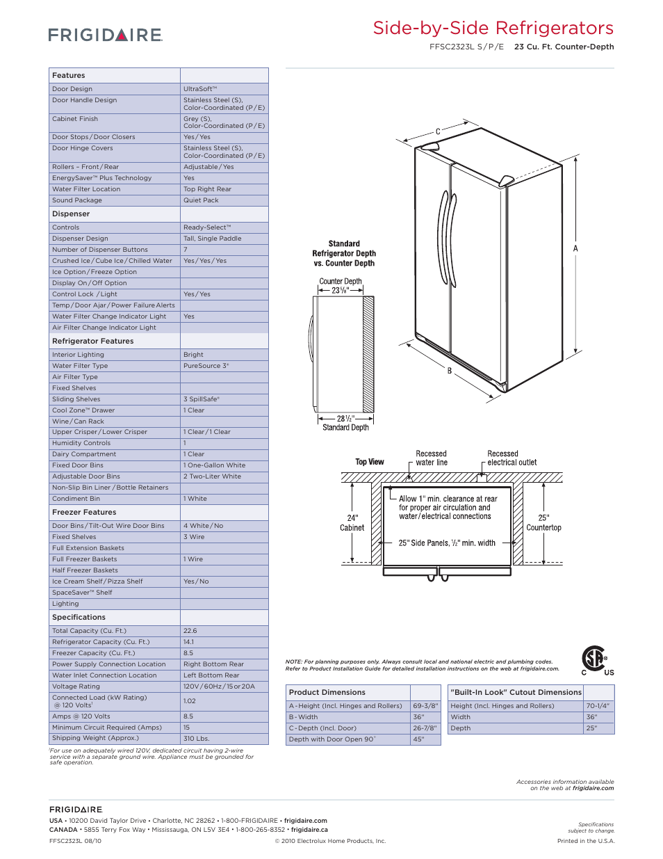 Side-by-side refrigerators | FRIGIDAIRE FFSC2323L User Manual | Page 2 / 2
