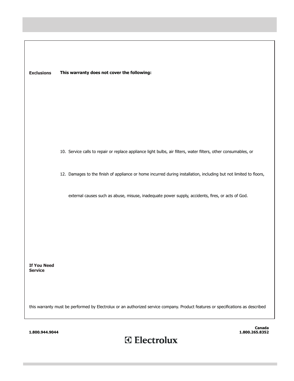 Major appliance warranty information, Major appliance warranty | FRIGIDAIRE 241794902 User Manual | Page 9 / 9