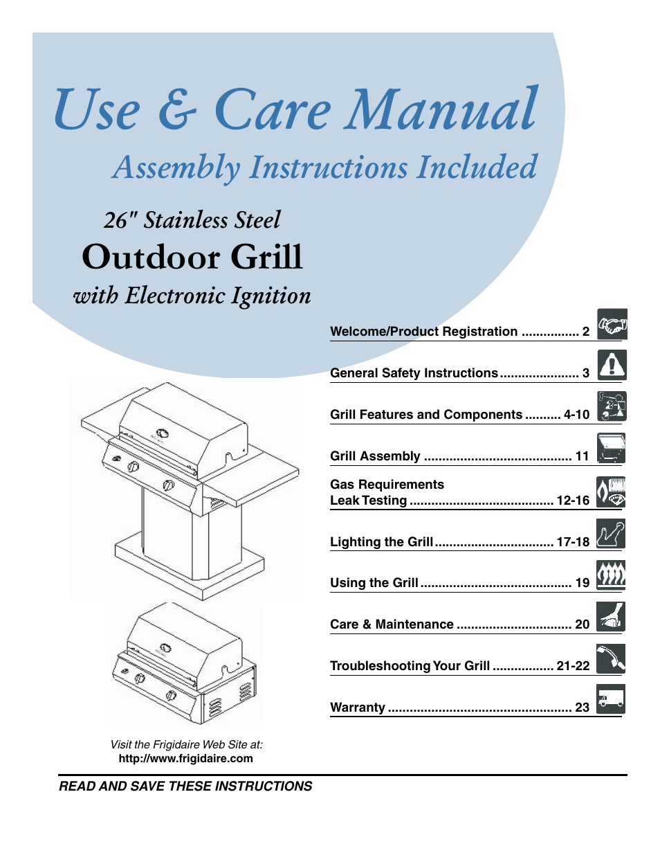 FRIGIDAIRE 26" Stainless Steel Outdoor Grill User Manual | 17 pages