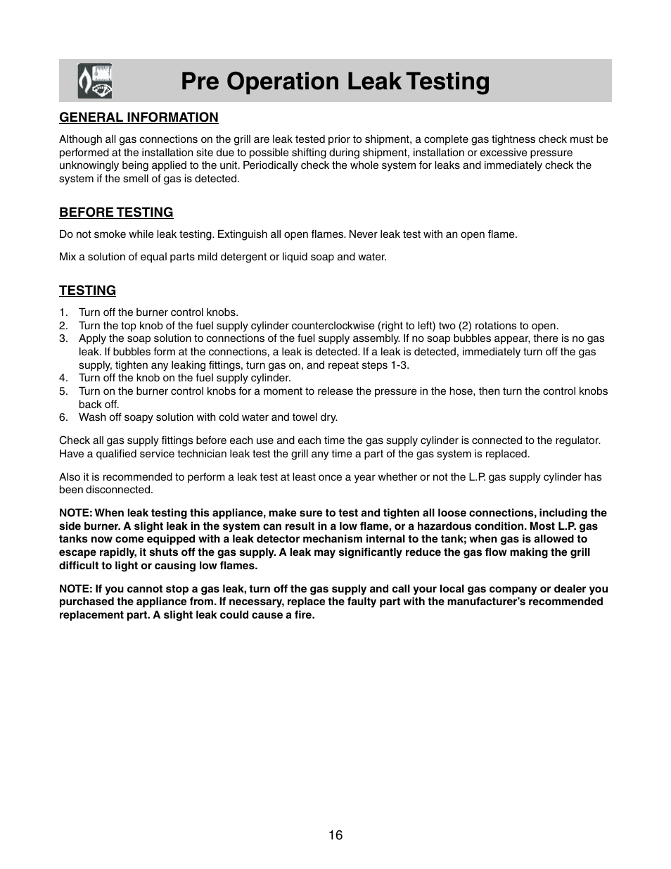 Pre operation leak testing | FRIGIDAIRE 26" Stainless Steel Outdoor Grill User Manual | Page 10 / 17