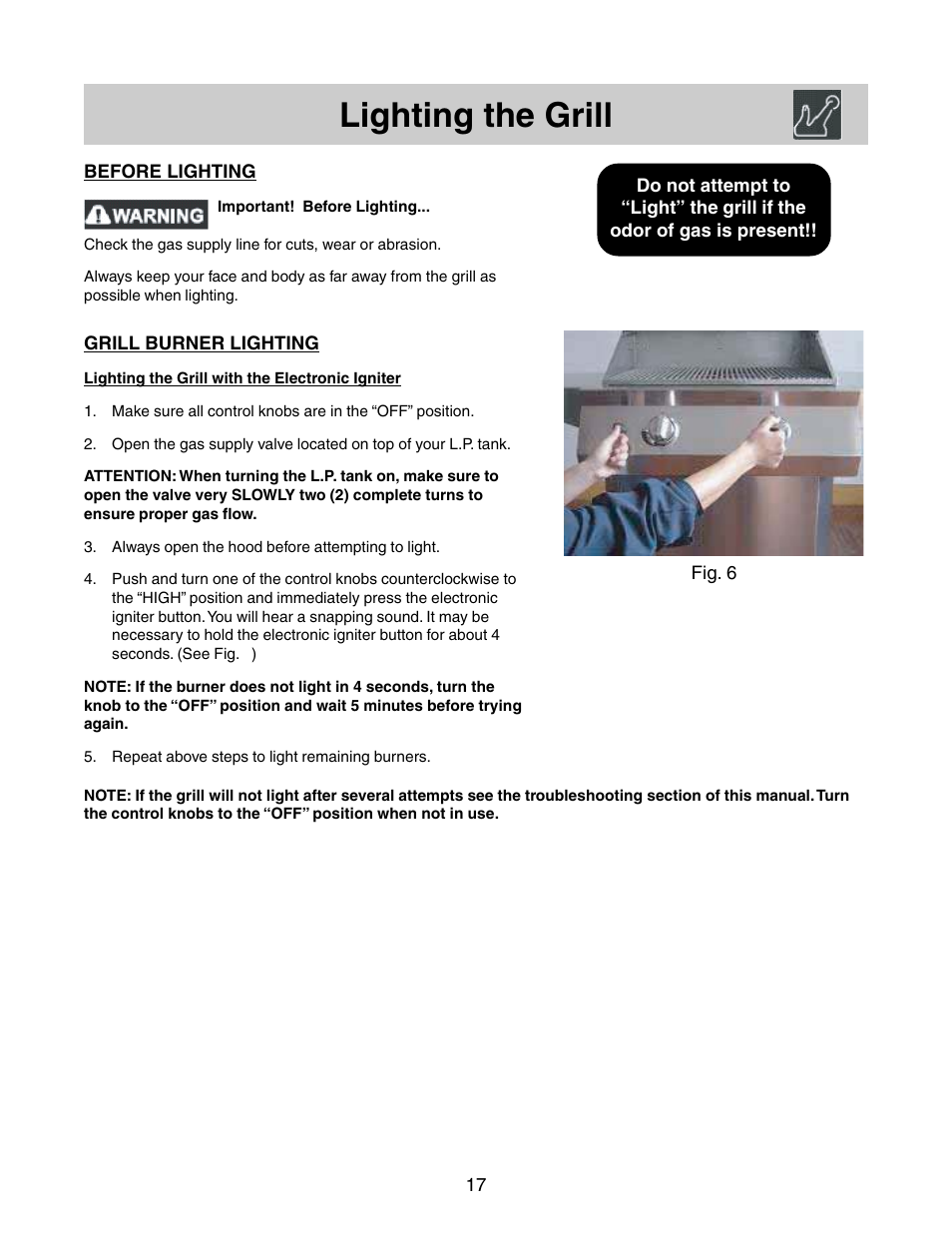 Lighting the grill | FRIGIDAIRE 26" Stainless Steel Outdoor Grill User Manual | Page 11 / 17