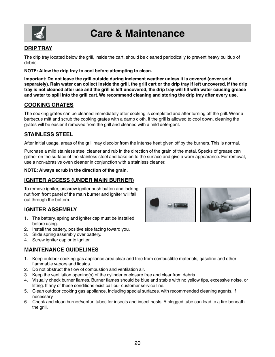 Care & maintenance | FRIGIDAIRE 26" Stainless Steel Outdoor Grill User Manual | Page 14 / 17