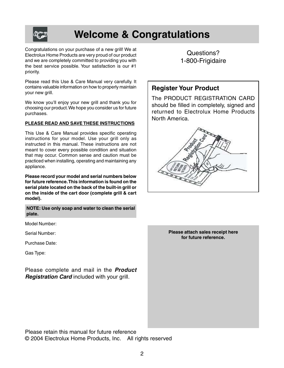 Questions? 1-800-frigidaire, Register your product | FRIGIDAIRE 26" Stainless Steel Outdoor Grill User Manual | Page 2 / 17