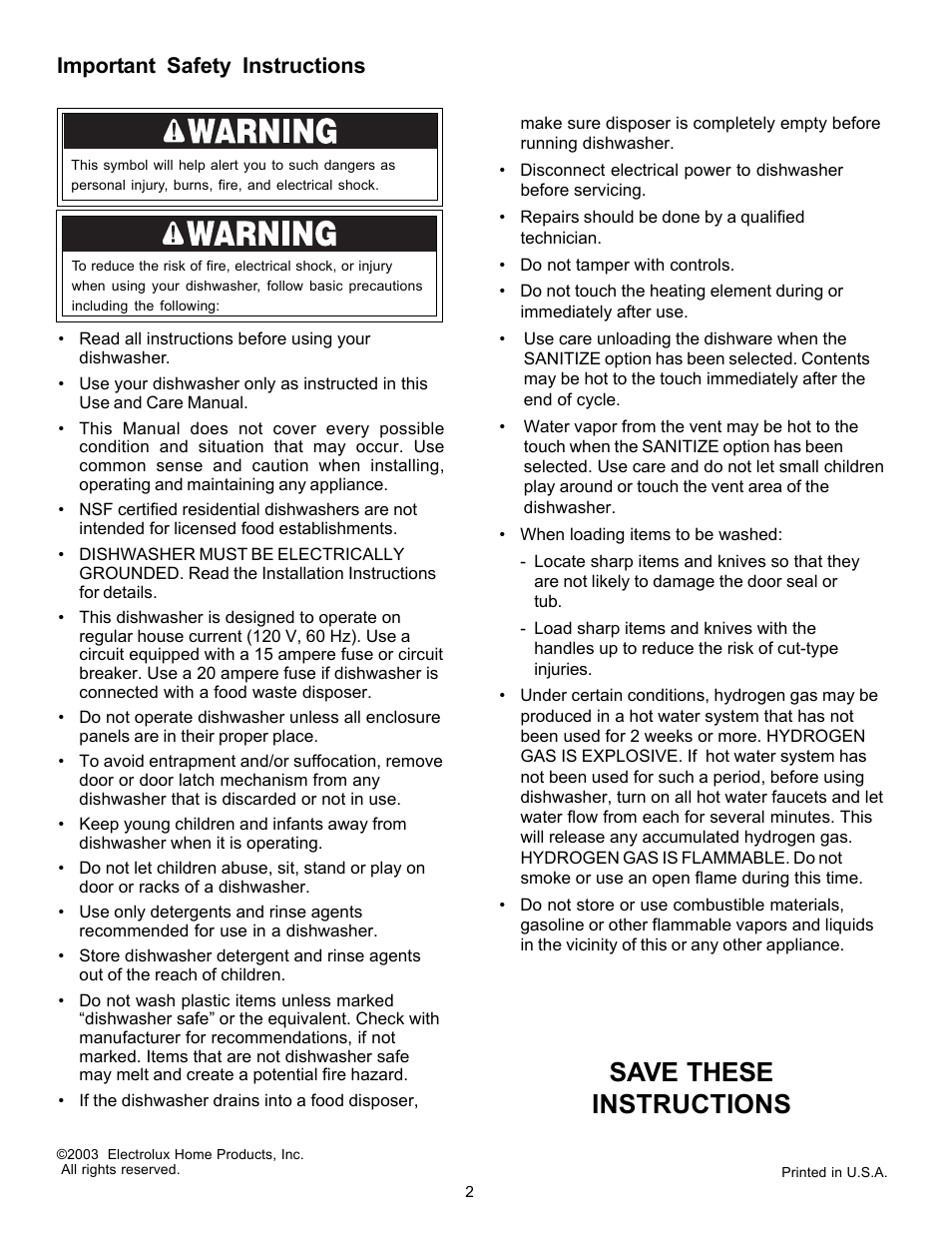 Save these instructions, Important safety instructions | FRIGIDAIRE 1500 Series User Manual | Page 2 / 8