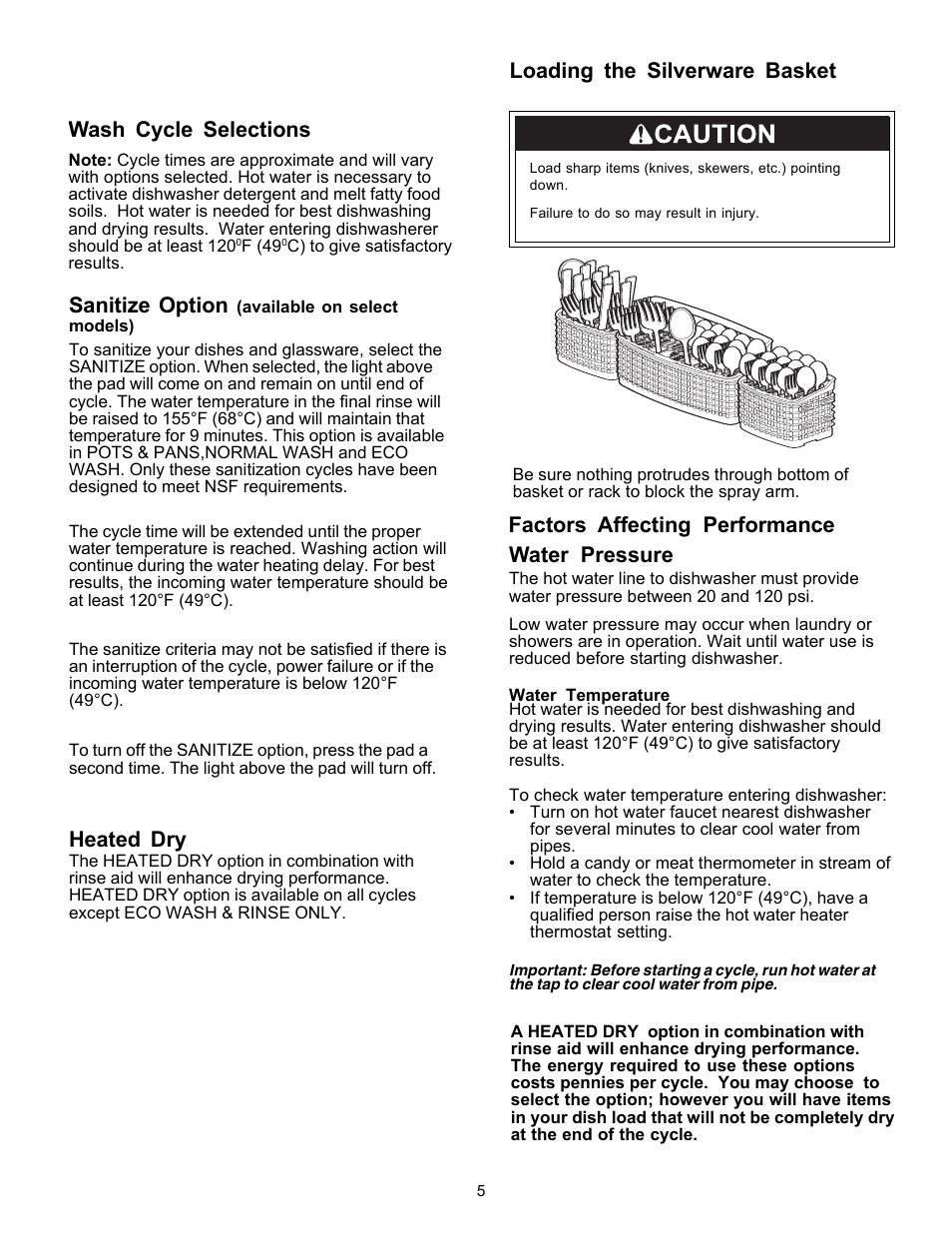 Wash cycle selections, Factors affecting performance water pressure, Loading the silverware basket | Sanitize option, Heated dry | FRIGIDAIRE 1500 Series User Manual | Page 5 / 8