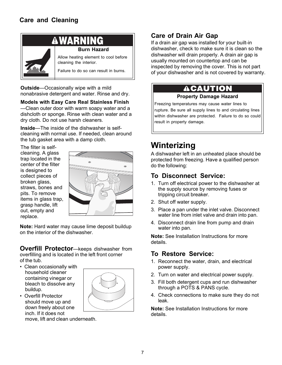 Winterizing, Overfill protector, Care of drain air gap | Care and cleaning | FRIGIDAIRE 1500 Series User Manual | Page 7 / 8