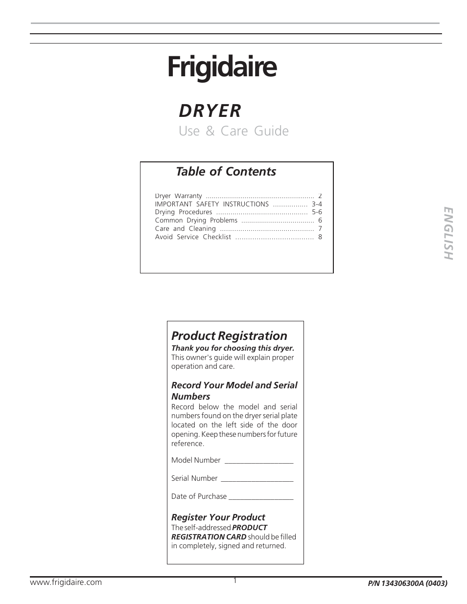 FRIGIDAIRE 134306300A User Manual | 8 pages