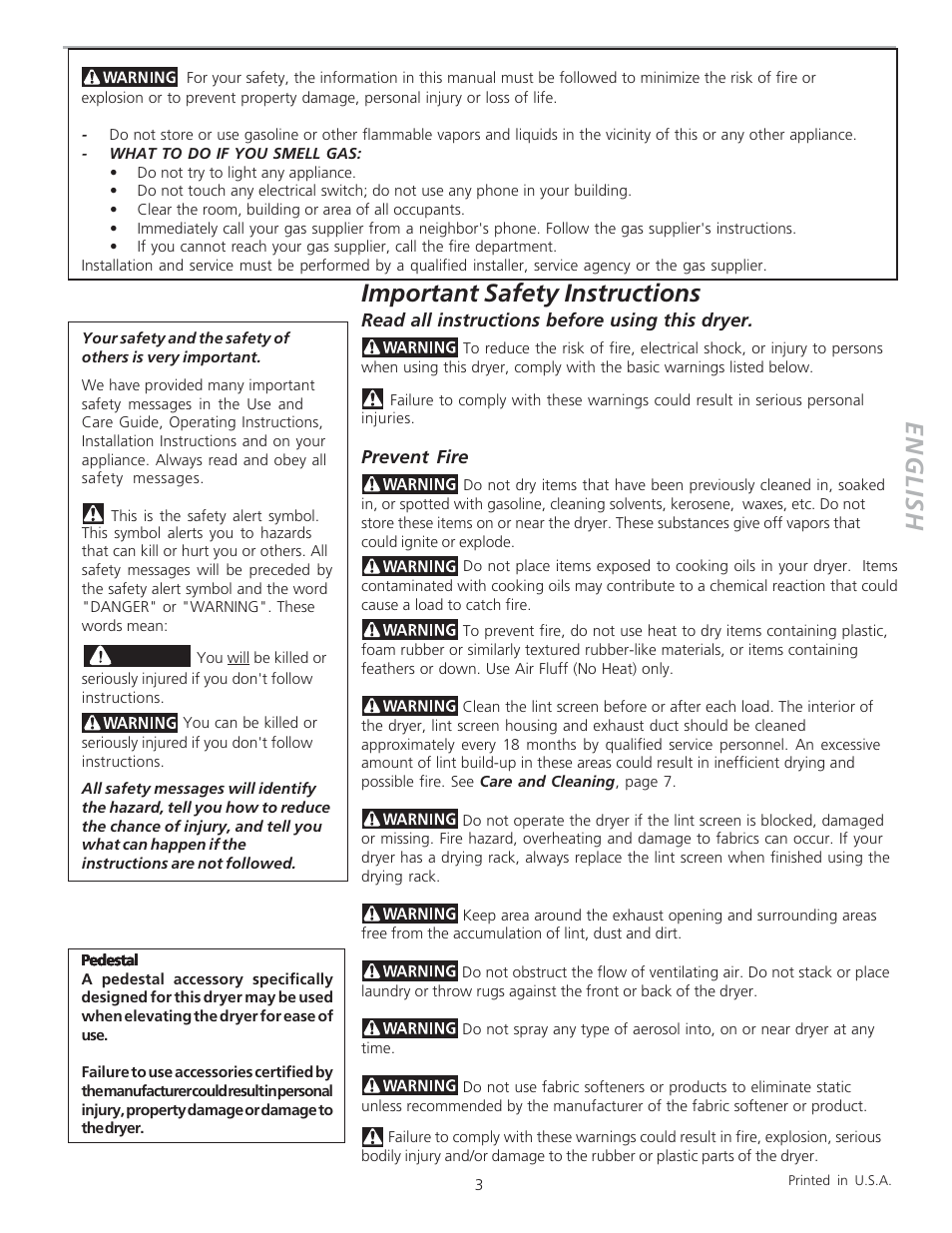 English, Important safety instructions | FRIGIDAIRE 134306300A User Manual | Page 3 / 8