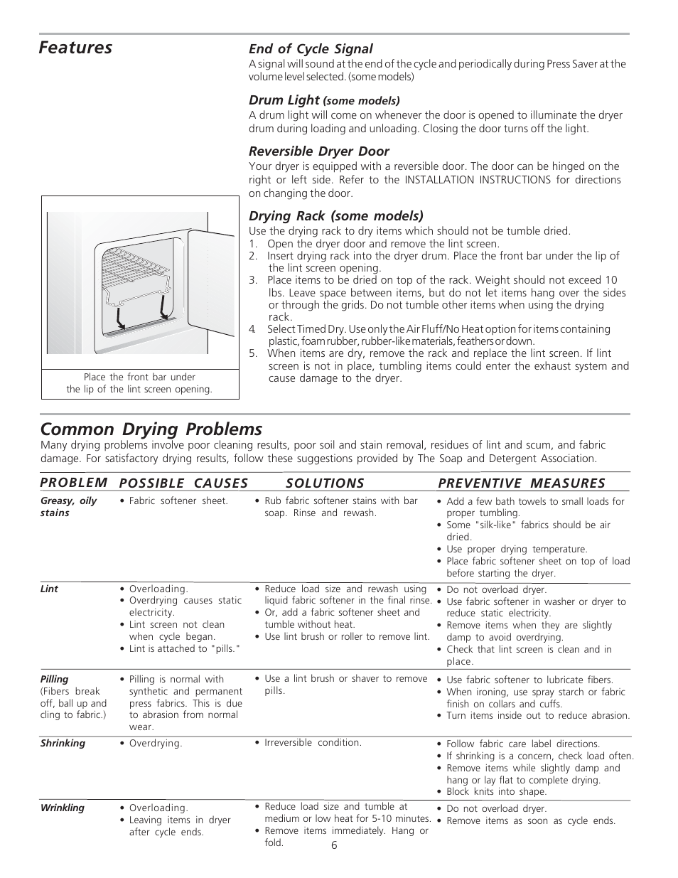 Features, Common drying problems | FRIGIDAIRE 134306300A User Manual | Page 6 / 8