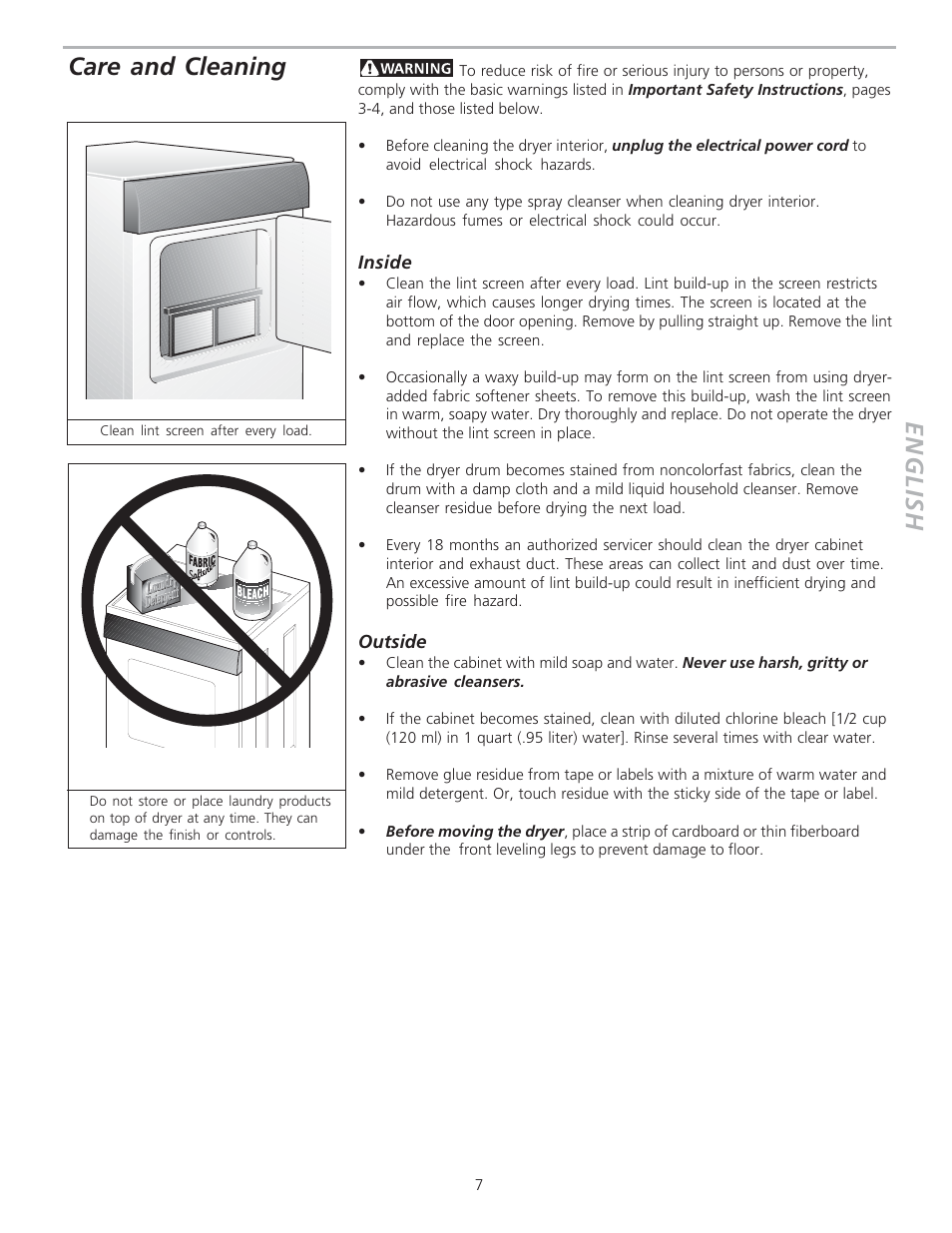 English care and cleaning | FRIGIDAIRE 134306300A User Manual | Page 7 / 8