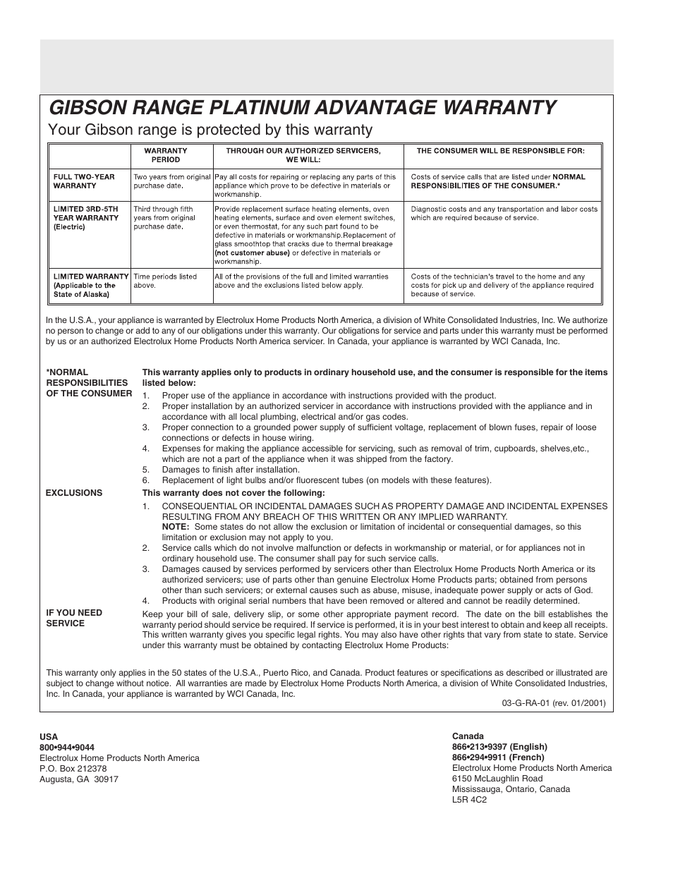 Gibson range platinum advantage warranty, Your gibson range is protected by this warranty | FRIGIDAIRE 316135924 User Manual | Page 16 / 16
