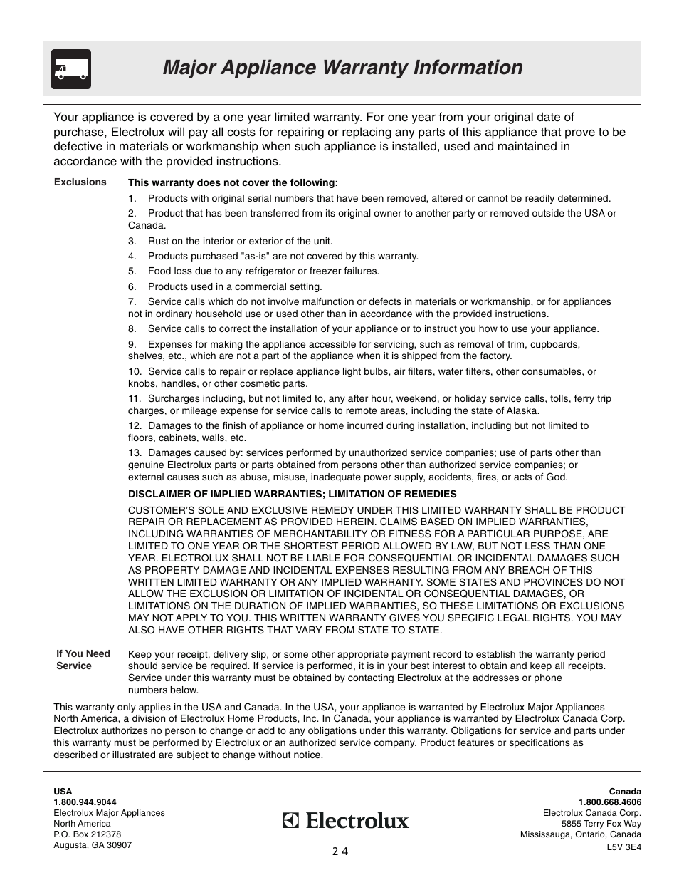 Major appliance warranty information | FRIGIDAIRE 318200754 User Manual | Page 24 / 24