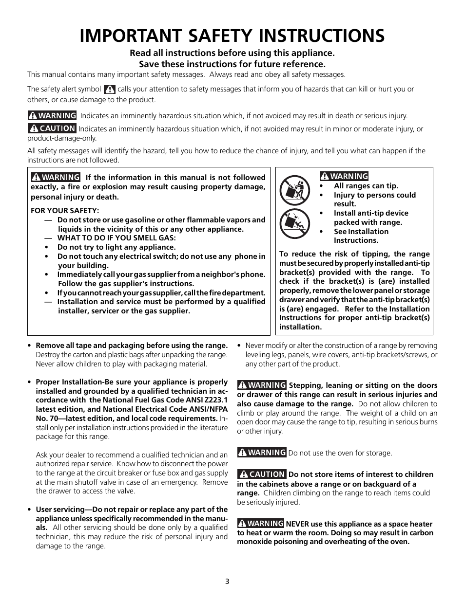 Important safety instructions | FRIGIDAIRE 318200754 User Manual | Page 3 / 24