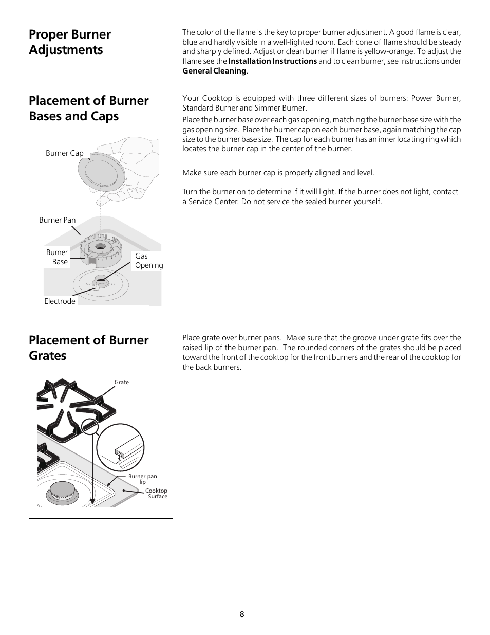 Placement of burner bases and caps, Placement of burner grates, Proper burner adjustments | FRIGIDAIRE 318200754 User Manual | Page 8 / 24