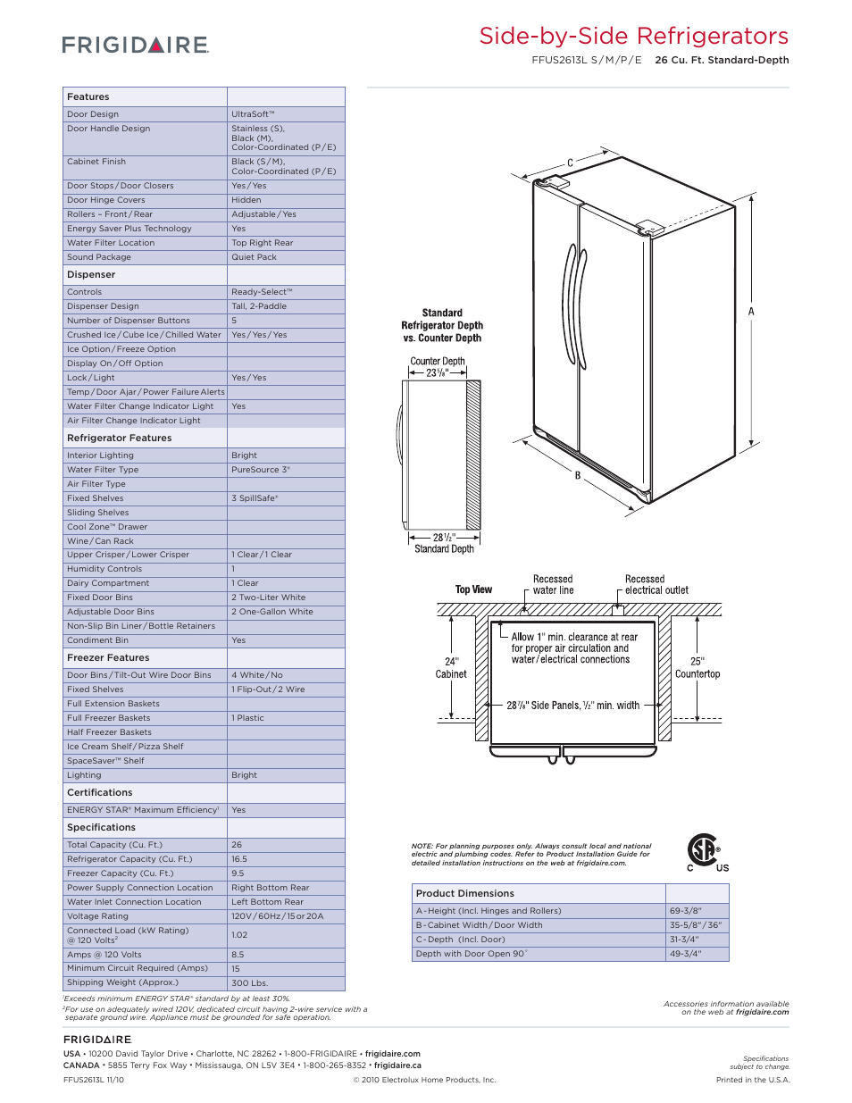 Side-by-side refrigerators | FRIGIDAIRE FFUS2613LS User Manual | Page 2 / 3