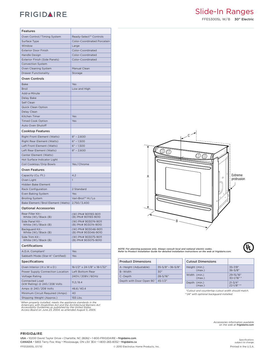 Slide-in electric ranges frigidaire baseline, Slide-in ranges | FRIGIDAIRE FFES3005L W/B User Manual | Page 2 / 2