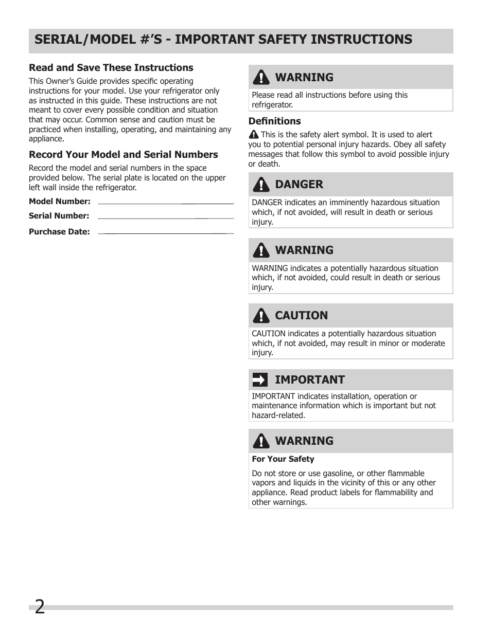 Serial/model #’s - important safety instructions, Warning, Important | Danger, Caution | FRIGIDAIRE 241607805 User Manual | Page 2 / 9