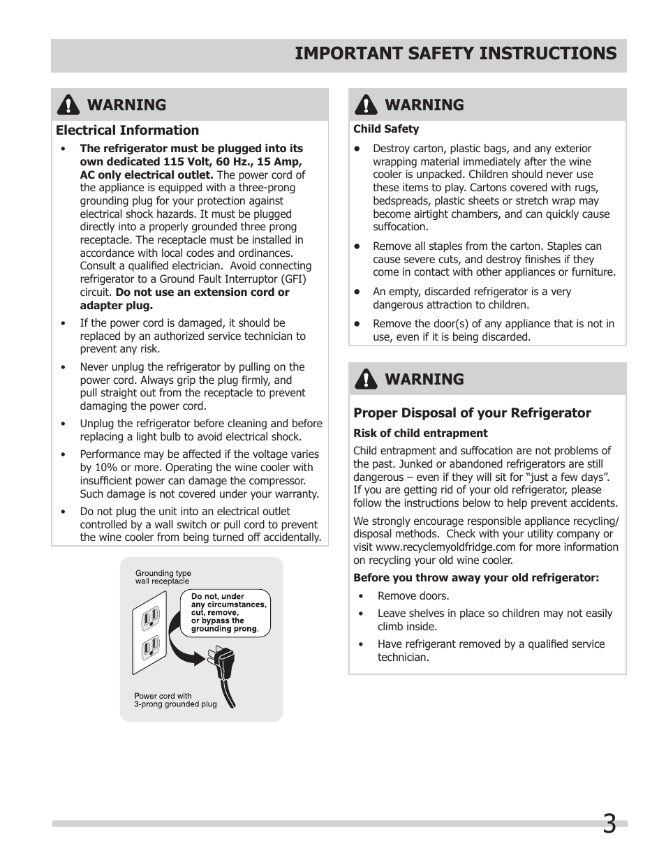 Important safety instructions, Warning | FRIGIDAIRE 241607805 User Manual | Page 3 / 9