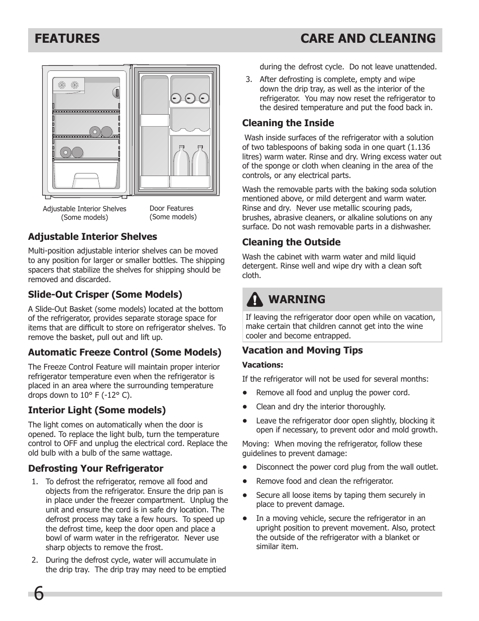 Features, Care and cleaning, Warning | FRIGIDAIRE 241607805 User Manual | Page 6 / 9