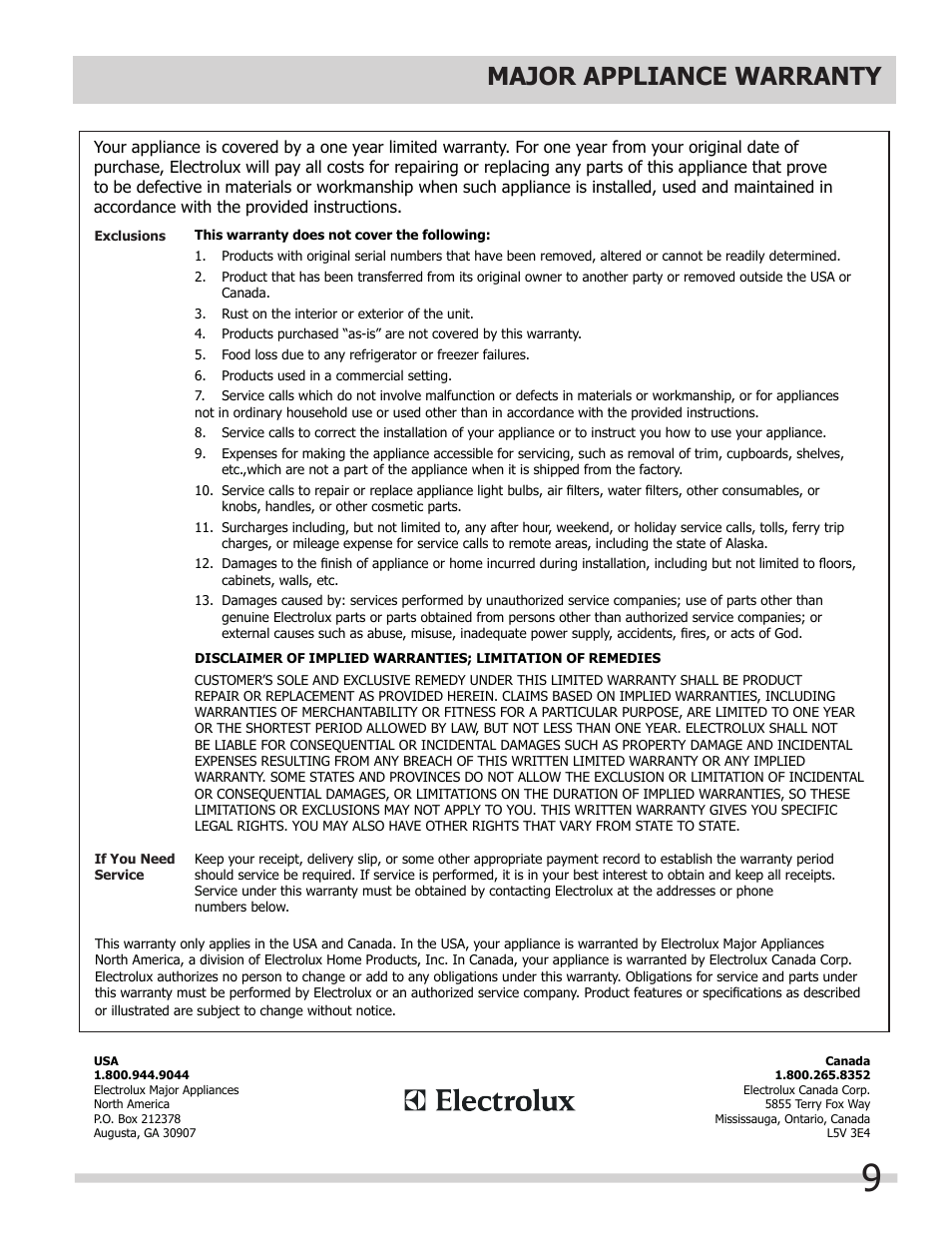 Major appliance warranty information, Major appliance warranty | FRIGIDAIRE 241607805 User Manual | Page 9 / 9