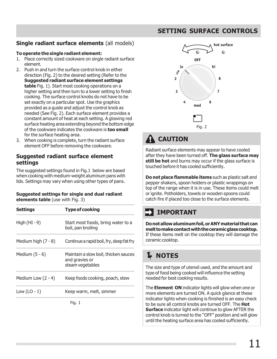Setting surface controls, Important caution | FRIGIDAIRE 316902304 User Manual | Page 11 / 36