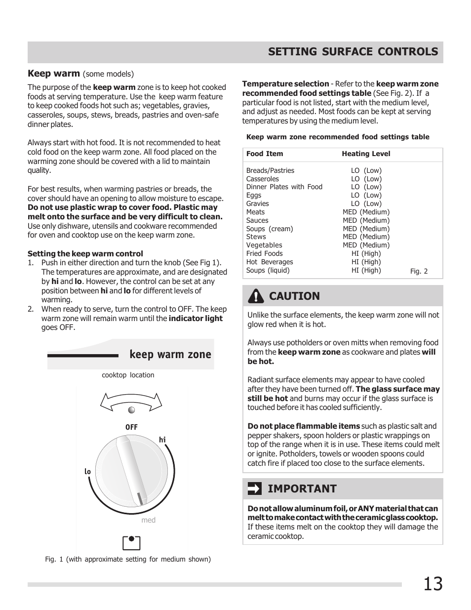Caution, Important, Setting surface controls | FRIGIDAIRE 316902304 User Manual | Page 13 / 36