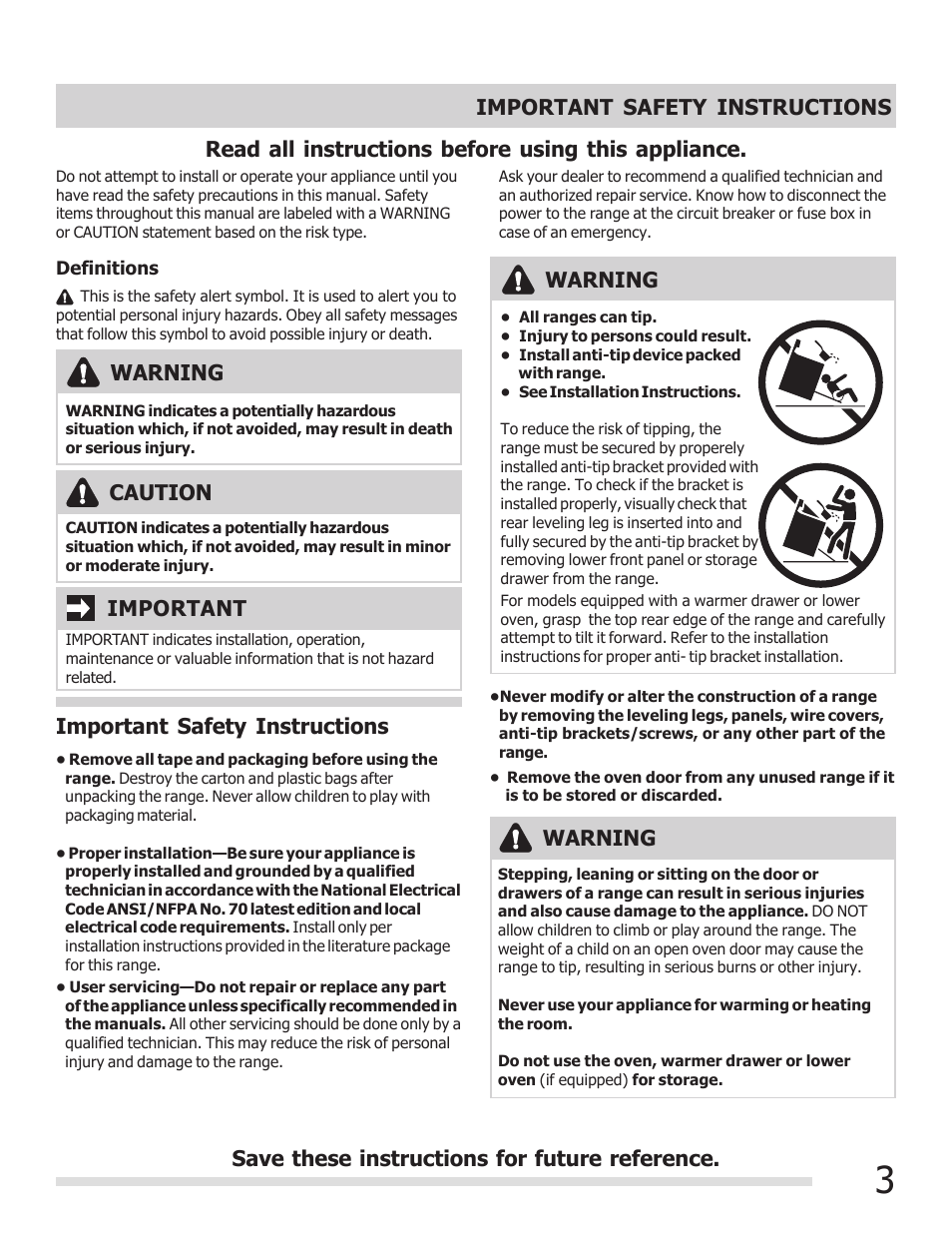 Read all instructions before using this appliance, Important, Caution | Warning, Important safety instructions | FRIGIDAIRE 316902304 User Manual | Page 3 / 36