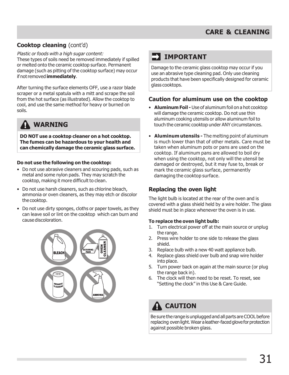 Care & cleaning, Important, Warning | Caution | FRIGIDAIRE 316902304 User Manual | Page 31 / 36