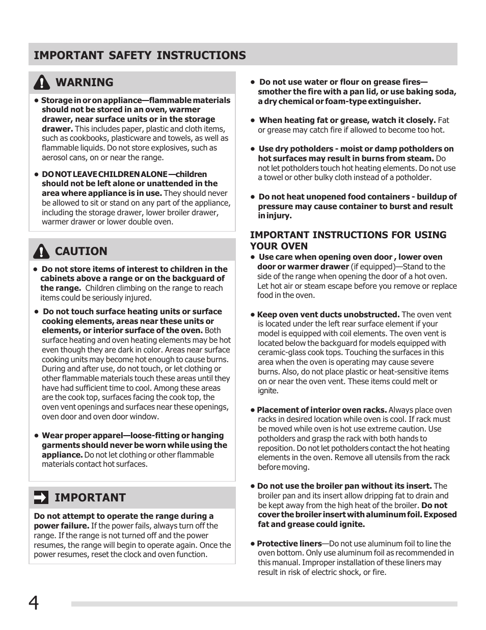 Important safety instructions caution, Important, Warning | FRIGIDAIRE 316902304 User Manual | Page 4 / 36