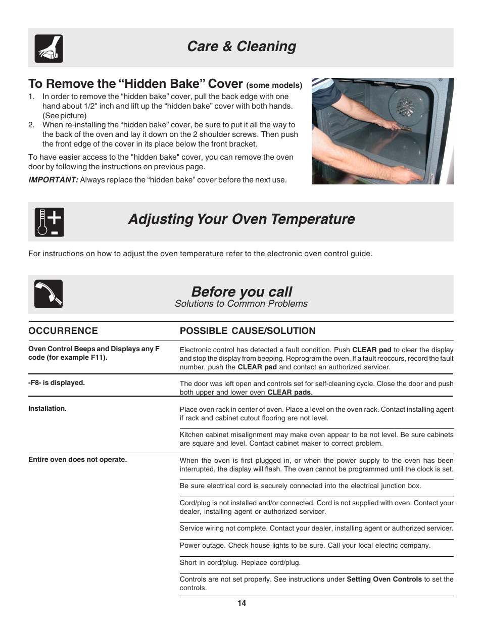 Care & cleaning, Before you call, Adjusting your oven temperature | FRIGIDAIRE 318200943 User Manual | Page 14 / 16