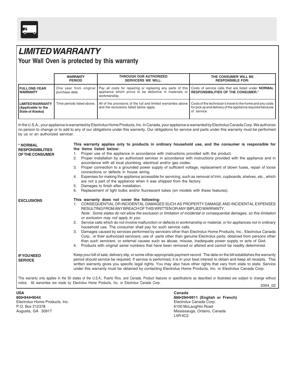 Limited warranty, Your wall oven is protected by this warranty | FRIGIDAIRE 318200943 User Manual | Page 16 / 16