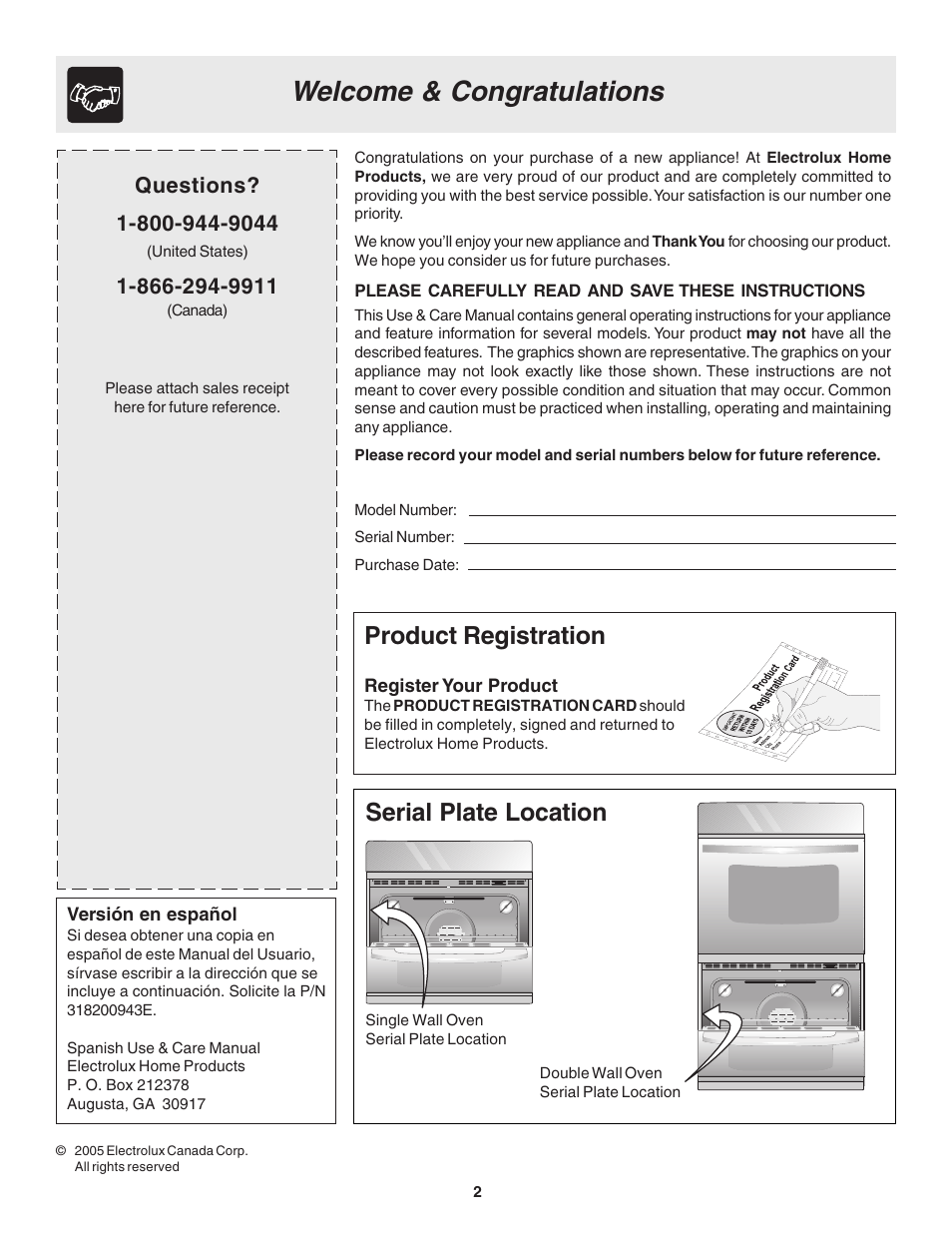 Product registration, Serial plate location | FRIGIDAIRE 318200943 User Manual | Page 2 / 16