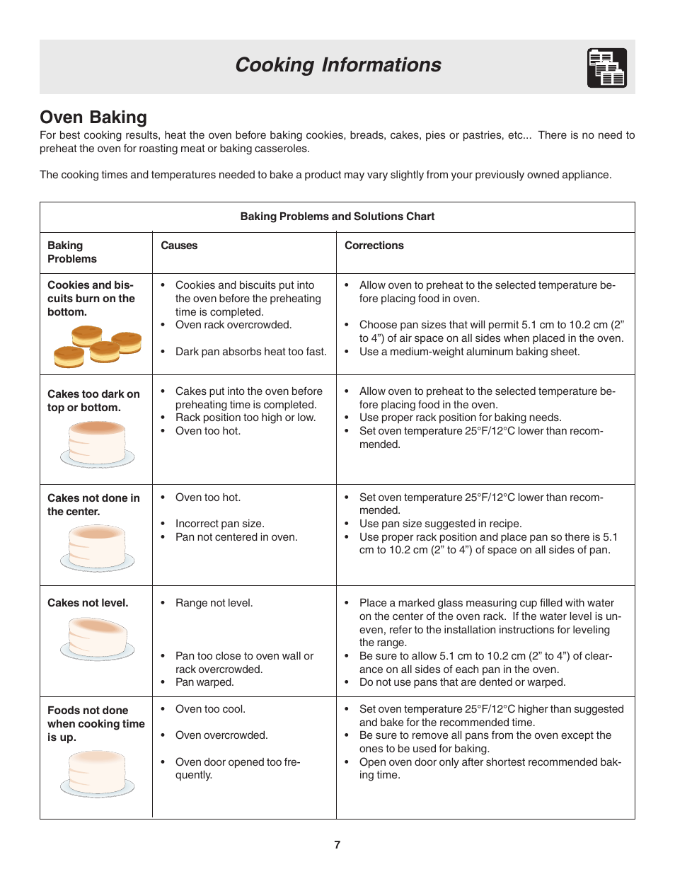 Cooking informations, Oven baking | FRIGIDAIRE 318200943 User Manual | Page 7 / 16