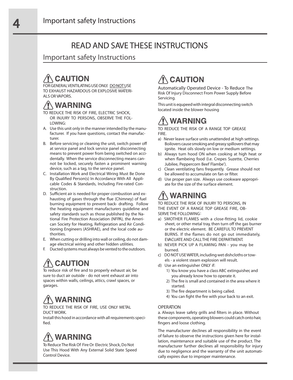 Read and save these instructions, Important safety instructions | FRIGIDAIRE RH36WC60GS User Manual | Page 4 / 22