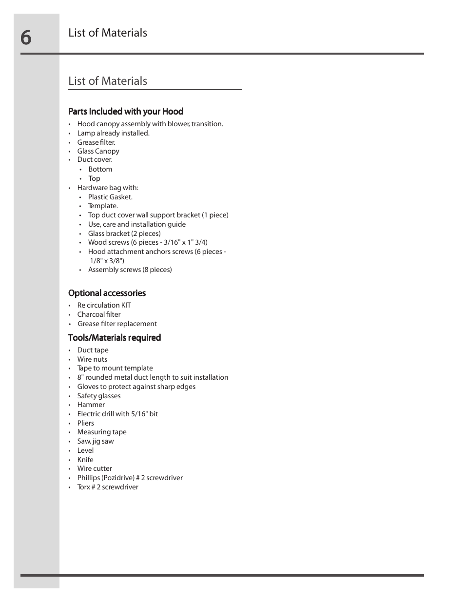 List of materials | FRIGIDAIRE RH36WC60GS User Manual | Page 6 / 22