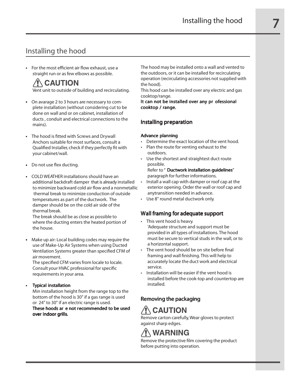 Installing the hood | FRIGIDAIRE RH36WC60GS User Manual | Page 7 / 22