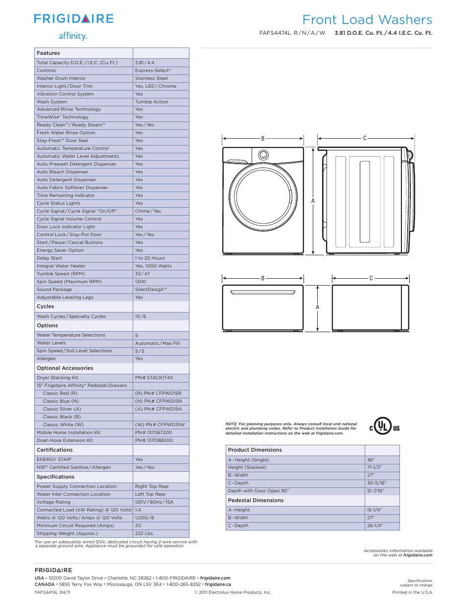 Front load washers | FRIGIDAIRE FAFS4474LR User Manual | Page 2 / 3