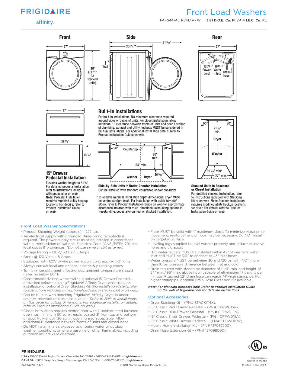 Front load washers | FRIGIDAIRE FAFS4474LR User Manual | Page 3 / 3