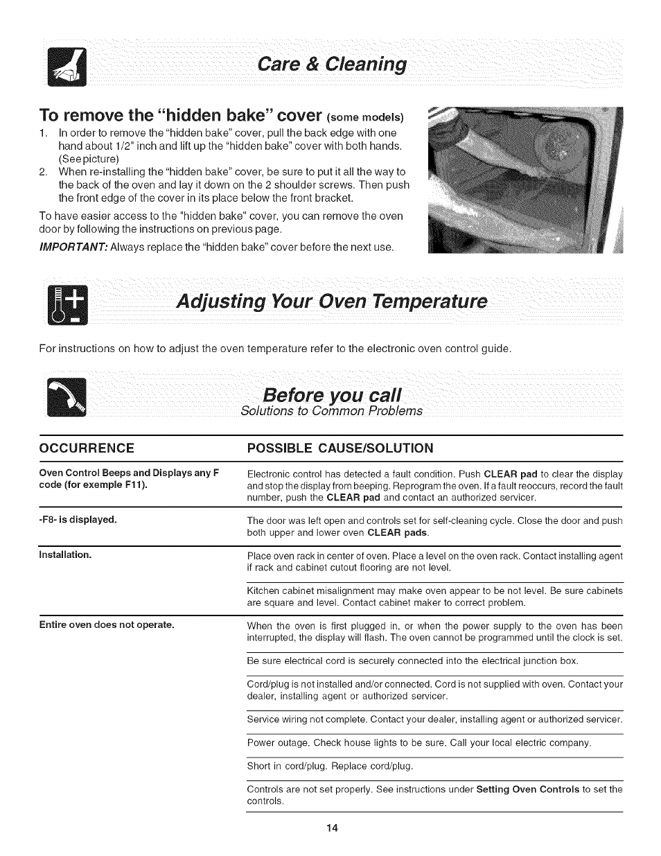 Adjusting your oven temperature, Care &. cleaning, Solutions to common problems | FRIGIDAIRE Oven User Manual | Page 14 / 16