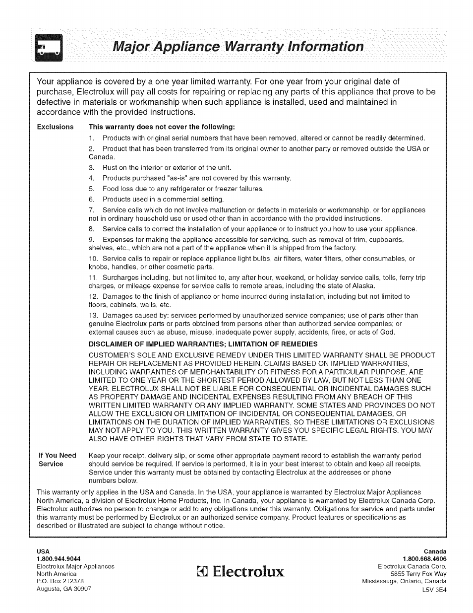 Major appliance warranty information, H] electrolux | FRIGIDAIRE Oven User Manual | Page 16 / 16