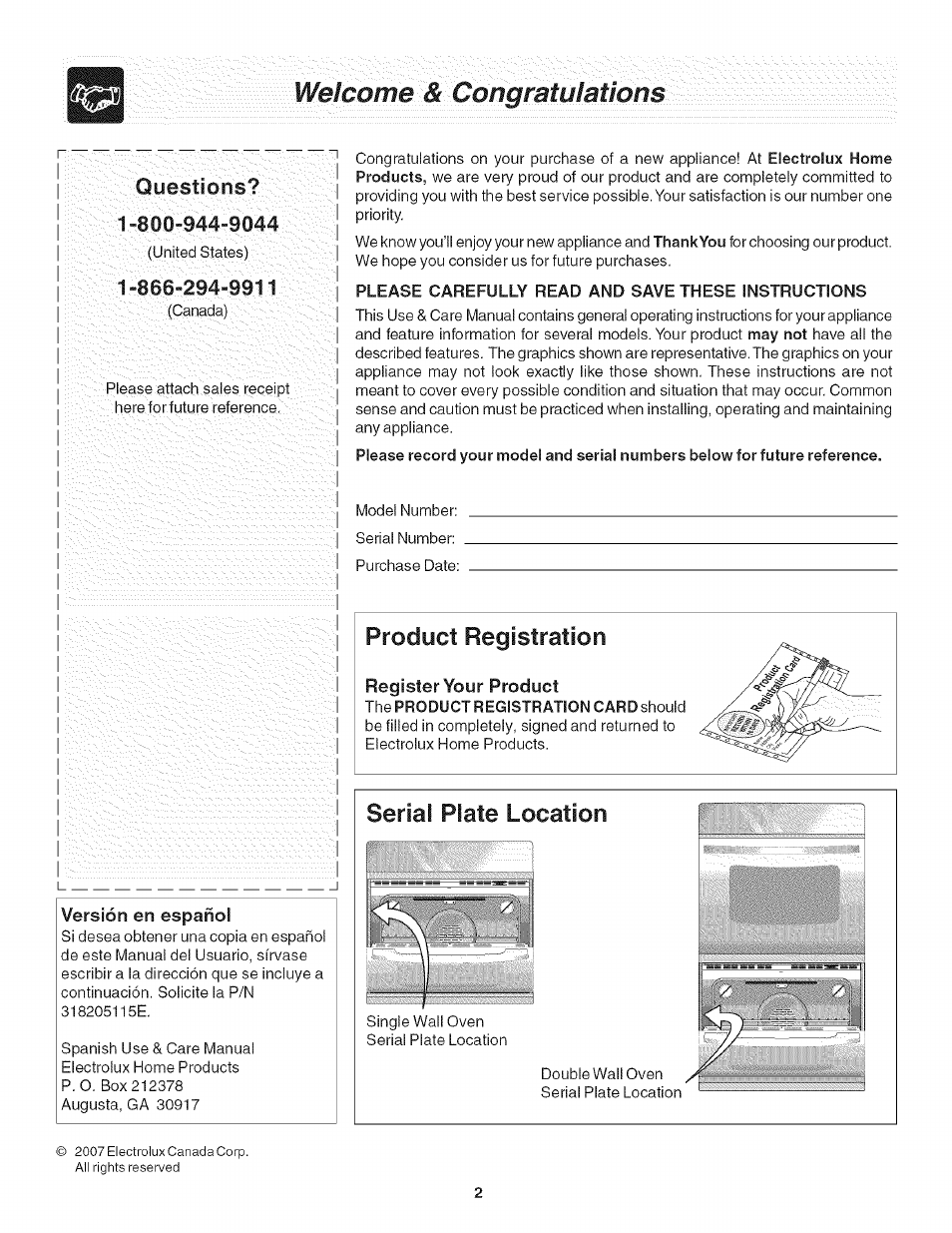 Welcome & congratulations, Versión en español, Product registration | Serial plate location | FRIGIDAIRE Oven User Manual | Page 2 / 16
