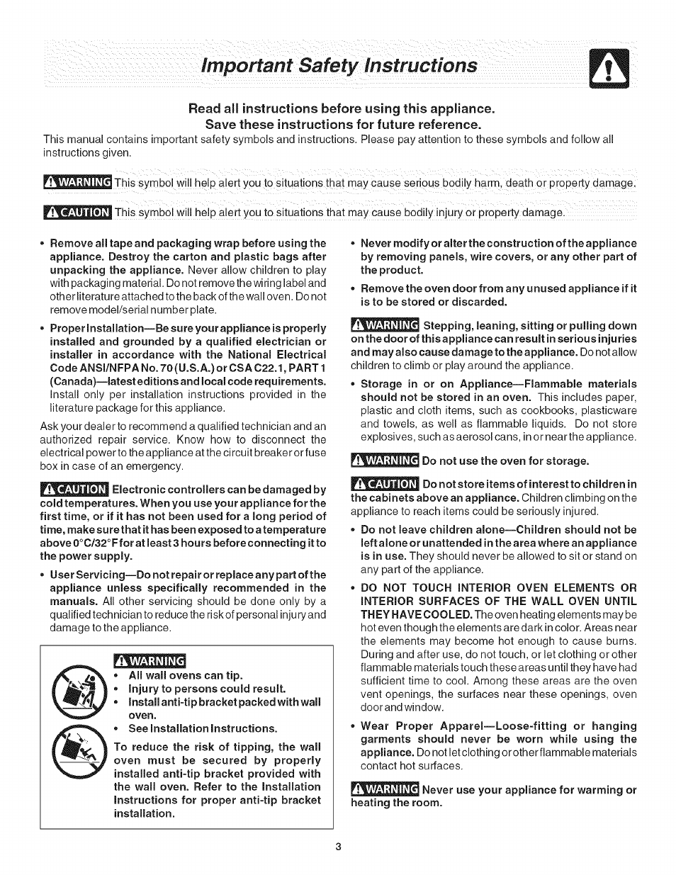 Read all instructions before using this appliance, Save these instructions for future reference | FRIGIDAIRE Oven User Manual | Page 3 / 16