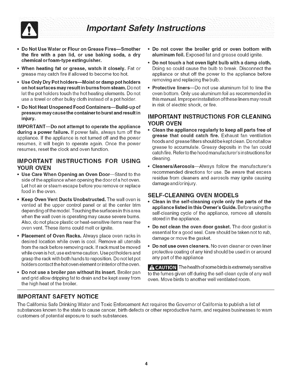 Important instructions for using your oven, Important instructions for cleaning your oven, Self-cleaning oven models | Important safety notice, Important safety | FRIGIDAIRE Oven User Manual | Page 4 / 16