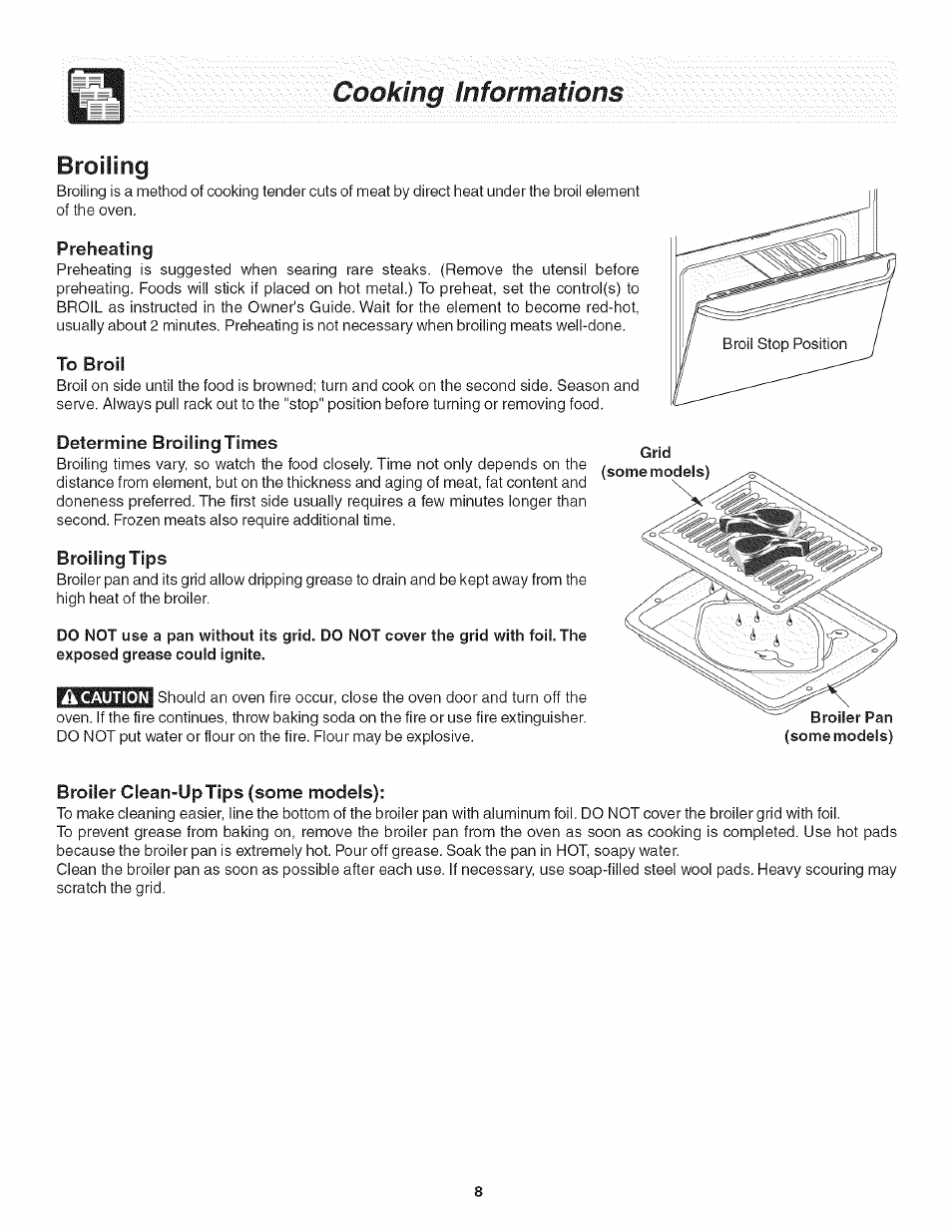 Preheating, To broil, Determine broiling times | Broiling tips, Broiler clean-up tips (some models), Coqking< informatm, Broiling | FRIGIDAIRE Oven User Manual | Page 8 / 16