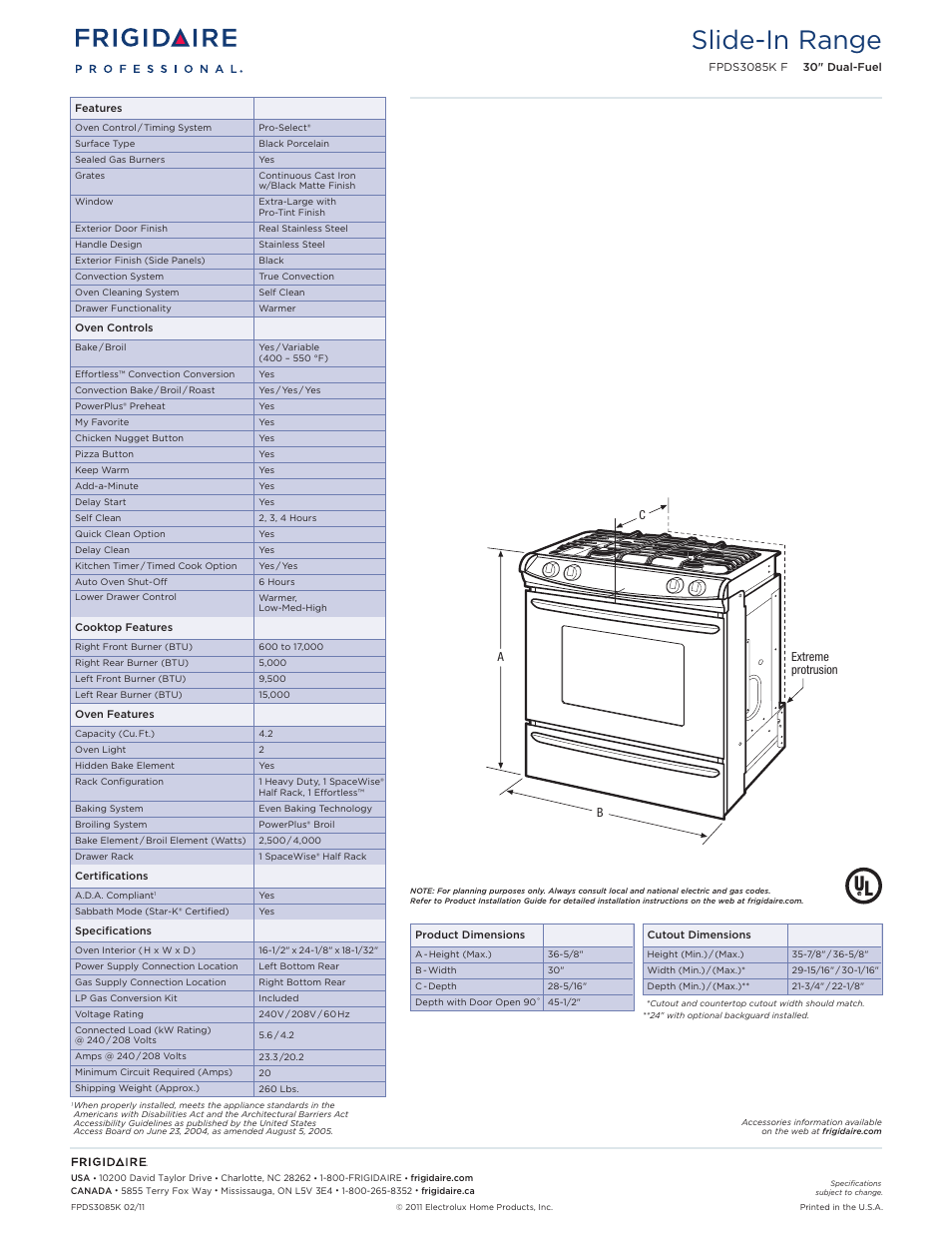 Slide-in gas ranges frigidaire baseline, Slide-in range | FRIGIDAIRE SLIDE-IN RANGE FPDS3085K F User Manual | Page 2 / 5