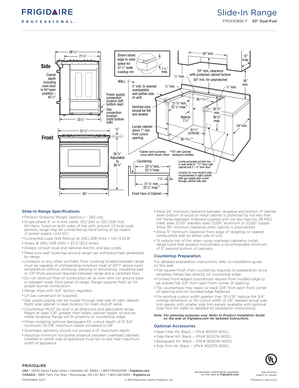 30" dual-fuel slide-in range professional, Slide-in range | FRIGIDAIRE SLIDE-IN RANGE FPDS3085K F User Manual | Page 3 / 5